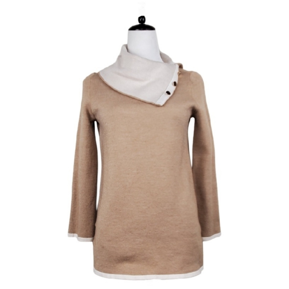 Ann Taylor Tan & Beige Sweater Envelope Turtleneck with Gold Buttons Size Small